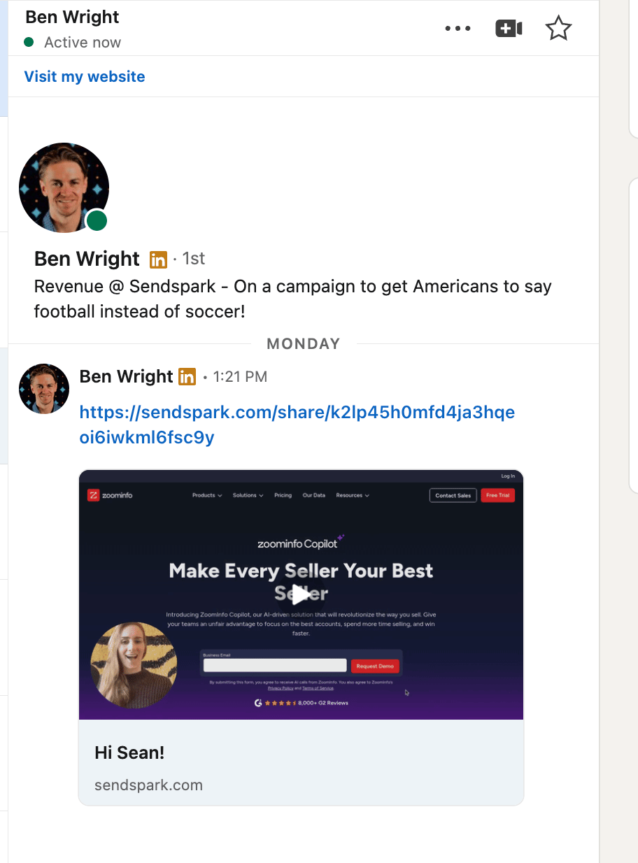 Video preview with moving thumbnail displayed in LinkedIn inbox message