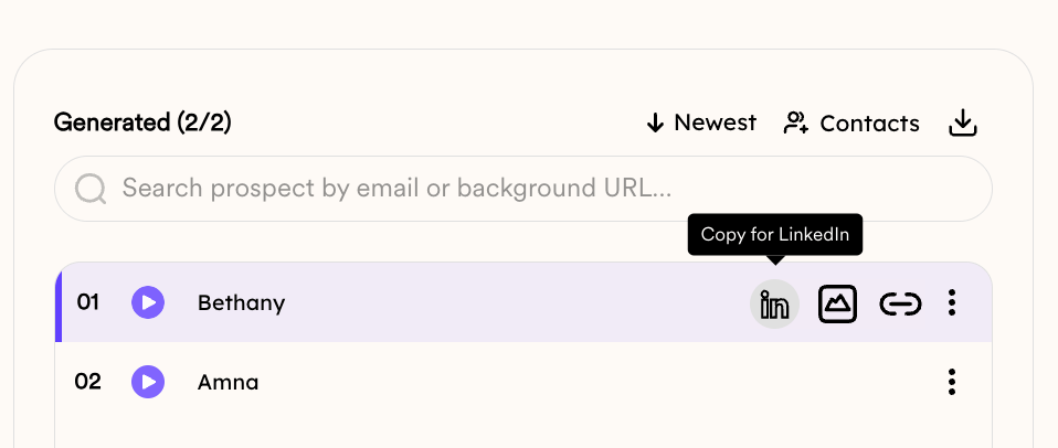 LinkedIn icon button next to video in Sendspark dashboard to copy link