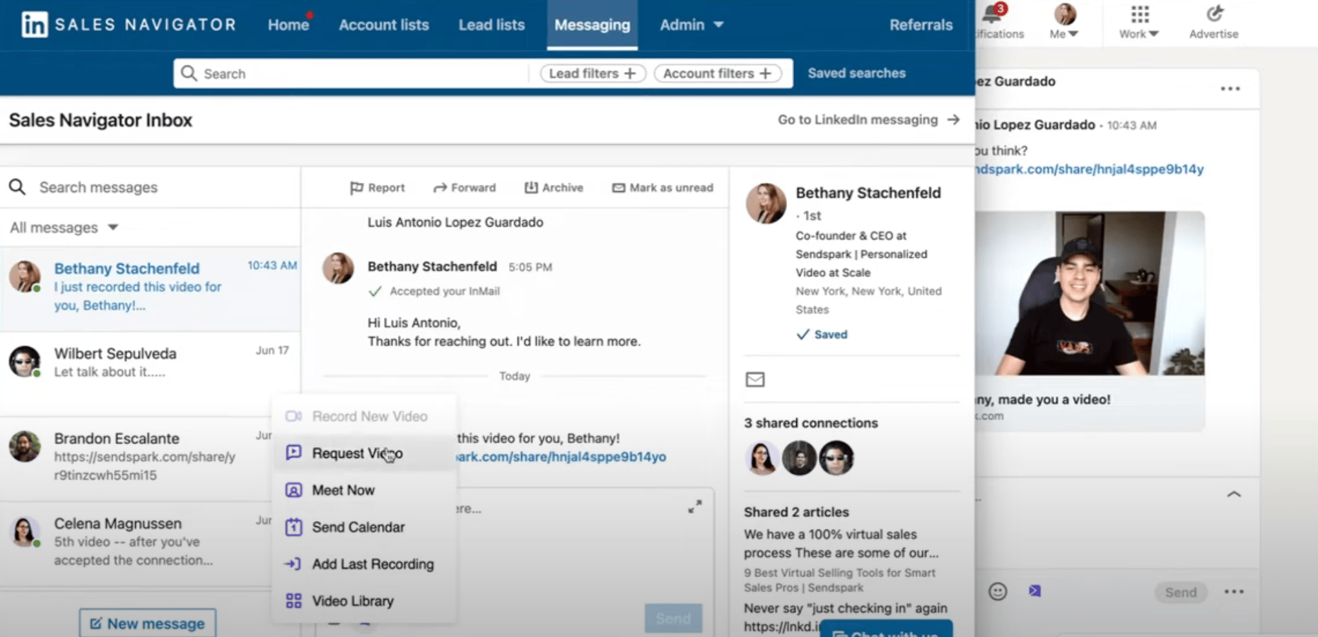Sendspark Chrome Extension icon visible in LinkedIn interface