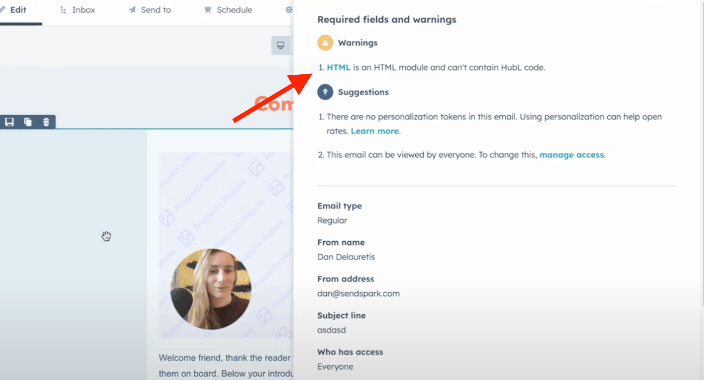 HubSpot warning message stating This HTML module can contain HubL code in email editor