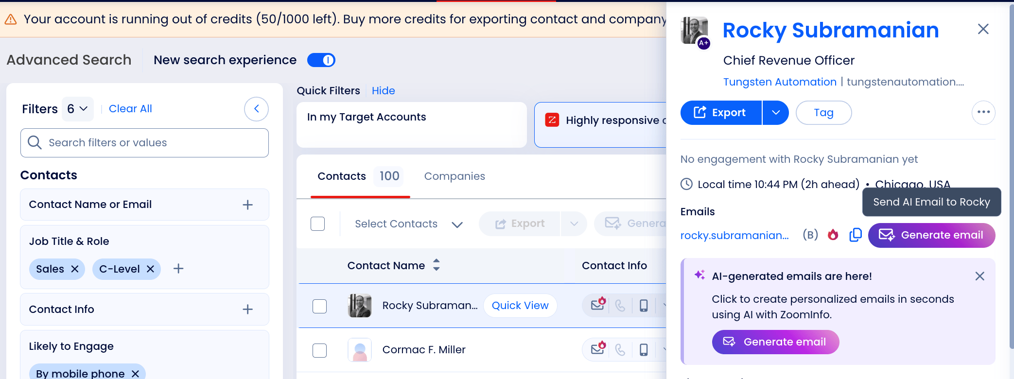 ZoomInfo email compose window with AI Copilot draft email ready to send
