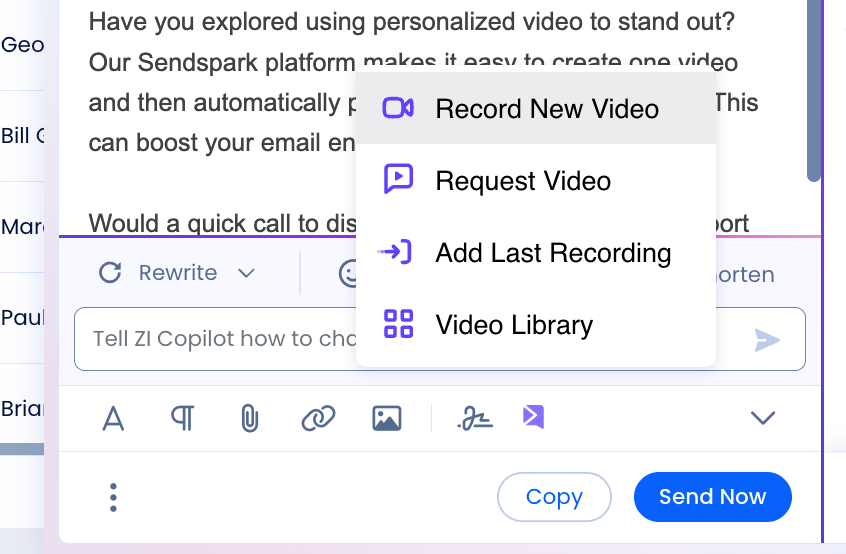 Sendspark menu showing four options: Record New Video, Request Video, Add Last Recording, Video Library