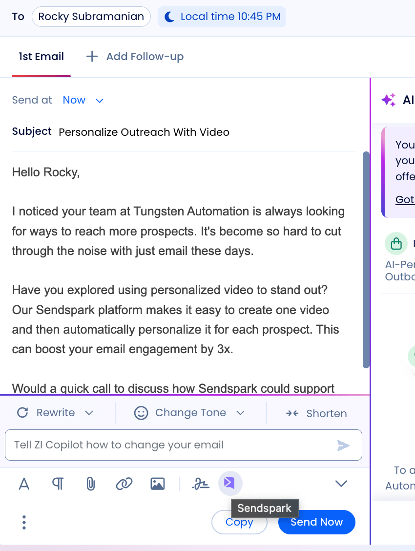 ZoomInfo email compose toolbar with Sendspark icon highlighted and clickable