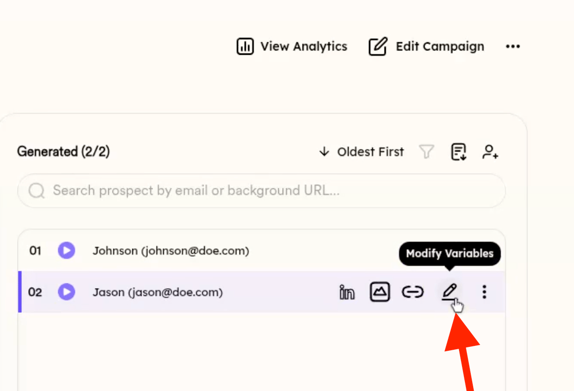 Sendspark prospect list with Edit button visible next to a generated prospect