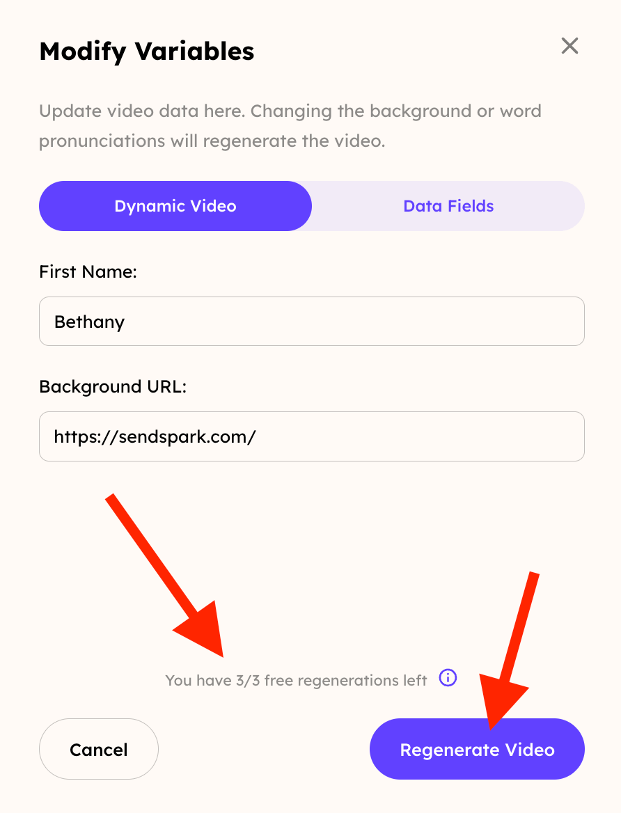 Dynamic Video tab in prospect editor drawer showing variable fields that trigger regeneration