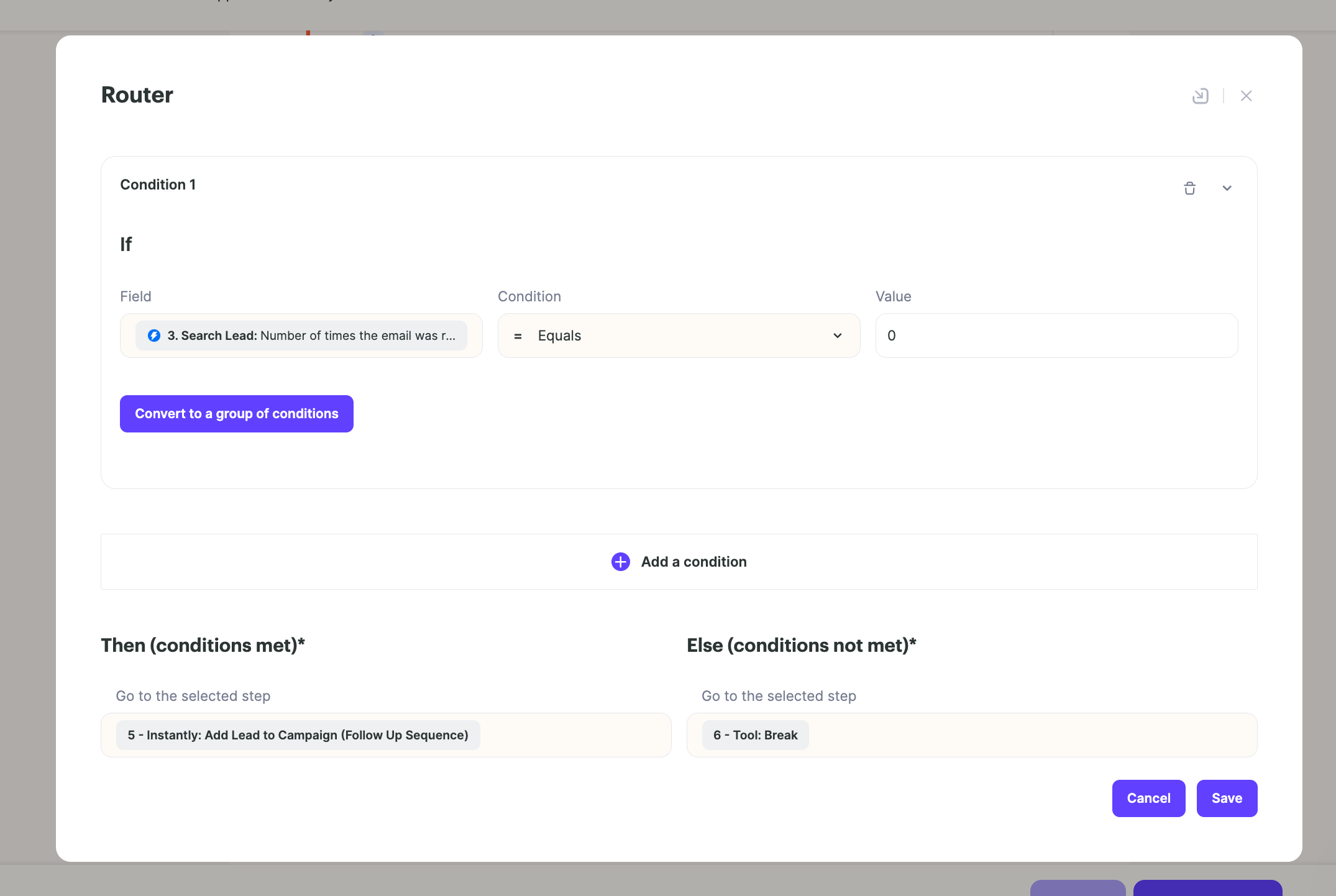 Router tool configuration distinguishing between replied and non-replied leads