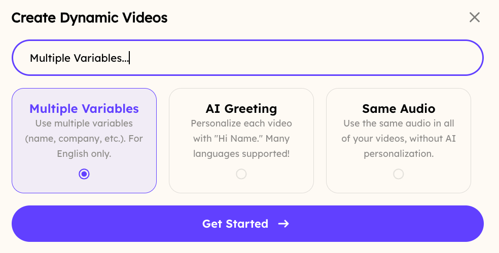 Comparison showing AI Greeting and Multiple Variable video type options in Sendspark