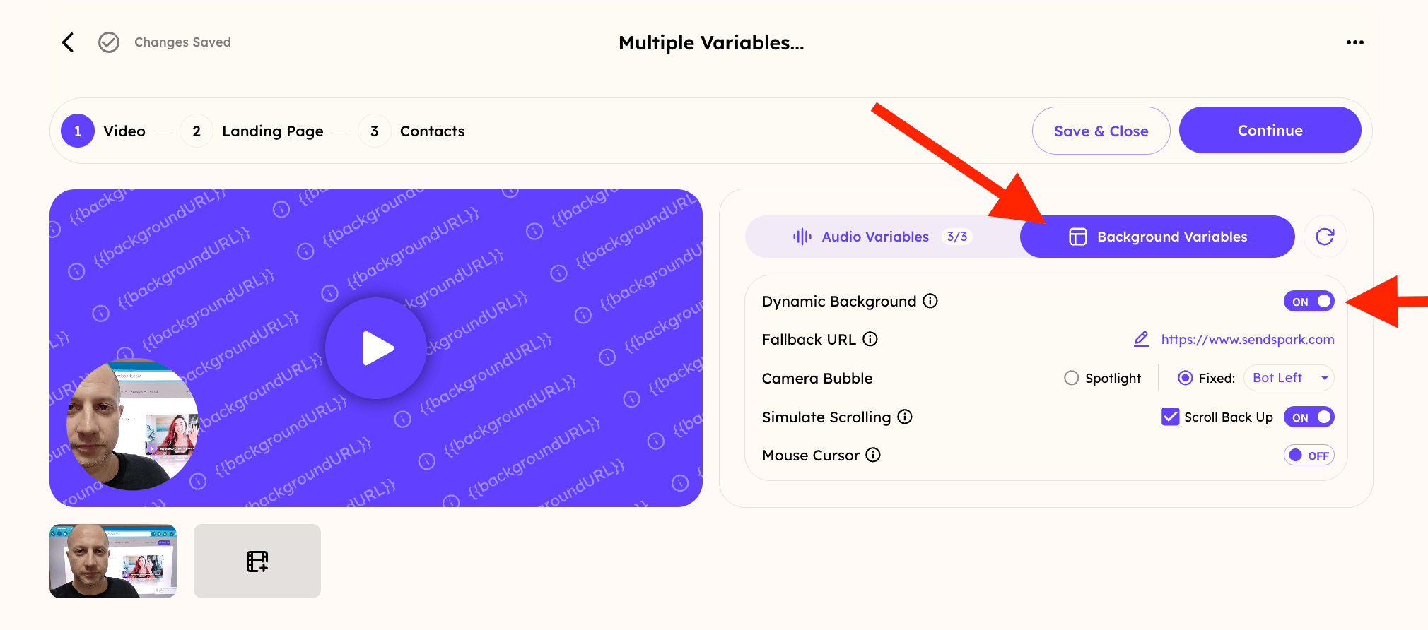 Background options confirmation panel for multiple variable dynamic video settings