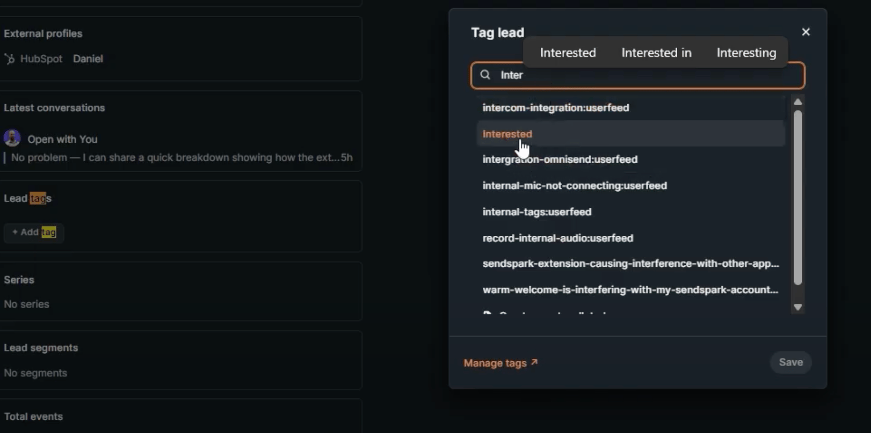 Intercom conversation thread with tag menu open and Upgrade_Interested tag applied