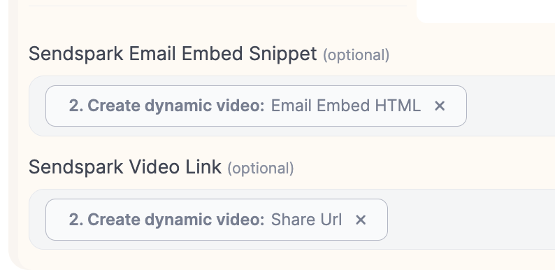 Sendspark action panel with custom field mapping for Sendspark Video Link and Email HTML