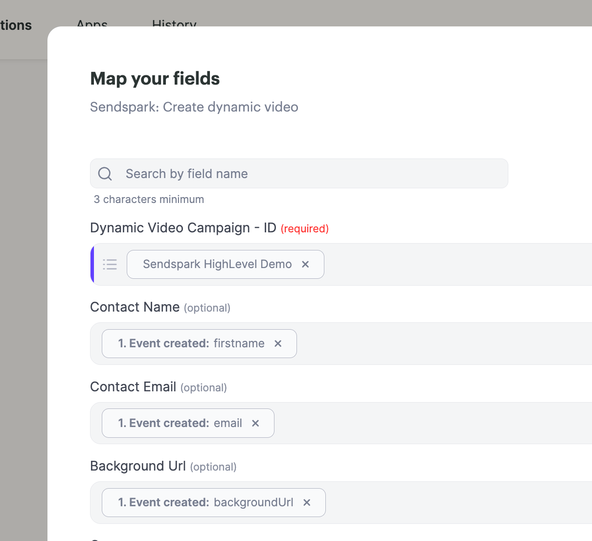 Sendspark dynamic video campaign setup with field mapping options displayed