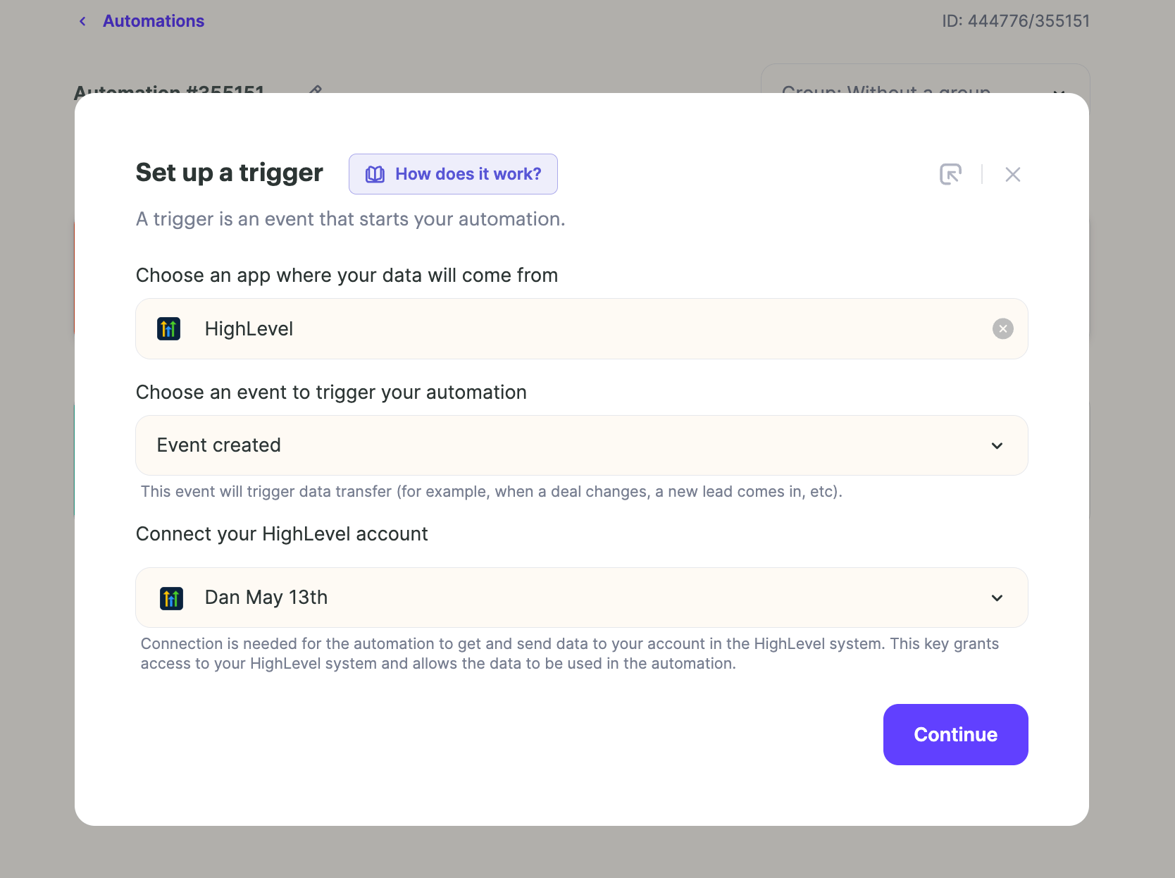HighLevel trigger selection screen with option to connect HighLevel account