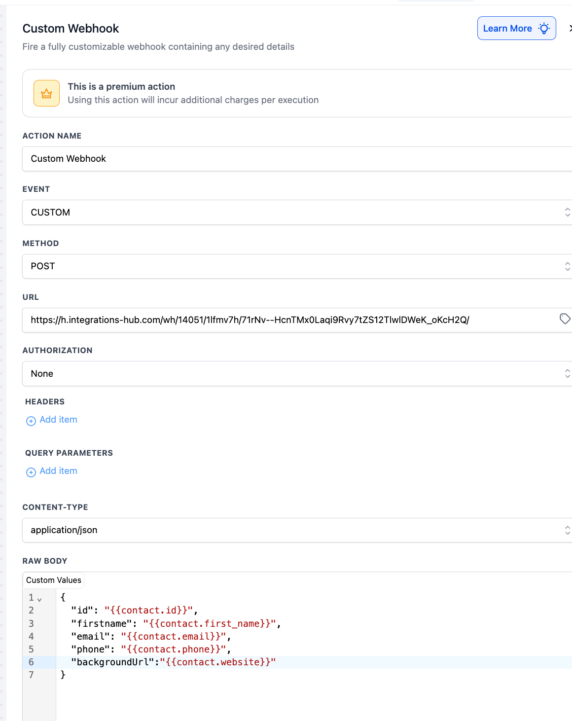 HighLevel custom webhook configuration showing contact fields to send to Sendspark