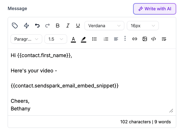 HighLevel email template editor showing Sendspark Email HTML Embed field placeholder