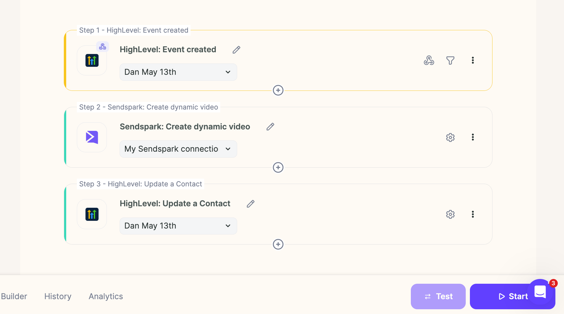Sendspark automation workflow with Save and Start buttons highlighted