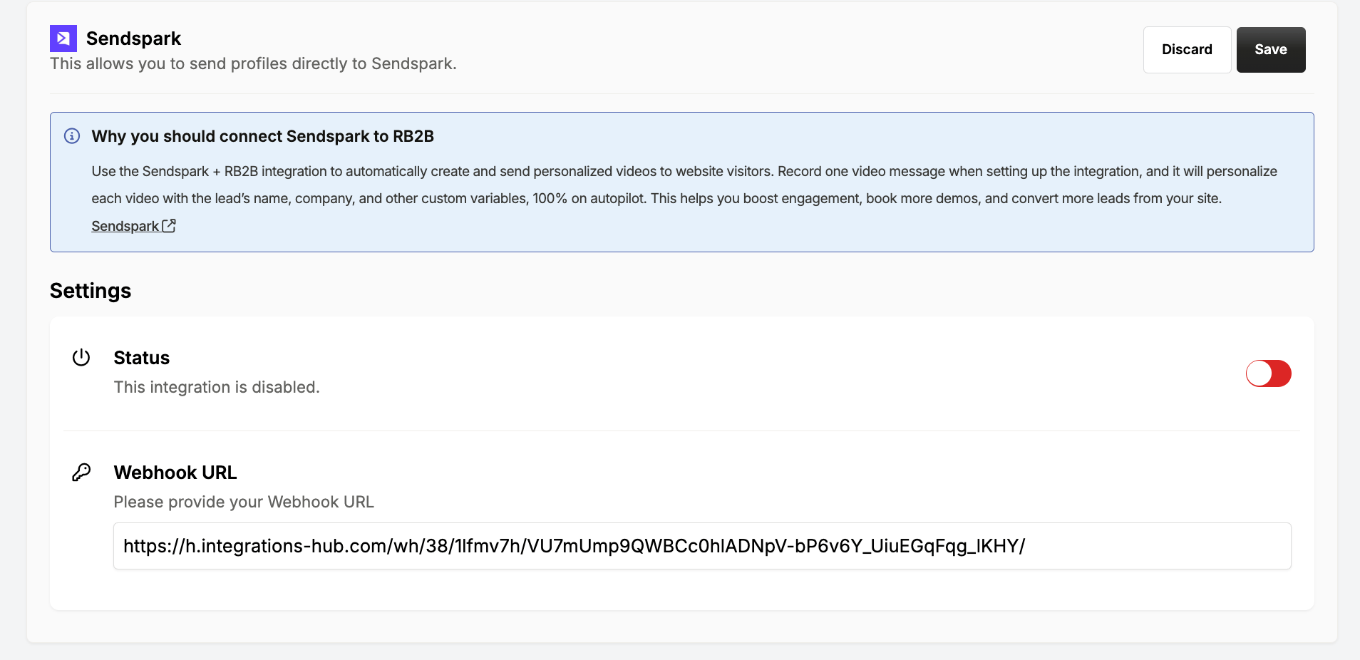 RB2B integrations page with Sendspark selected and webhook URL paste field