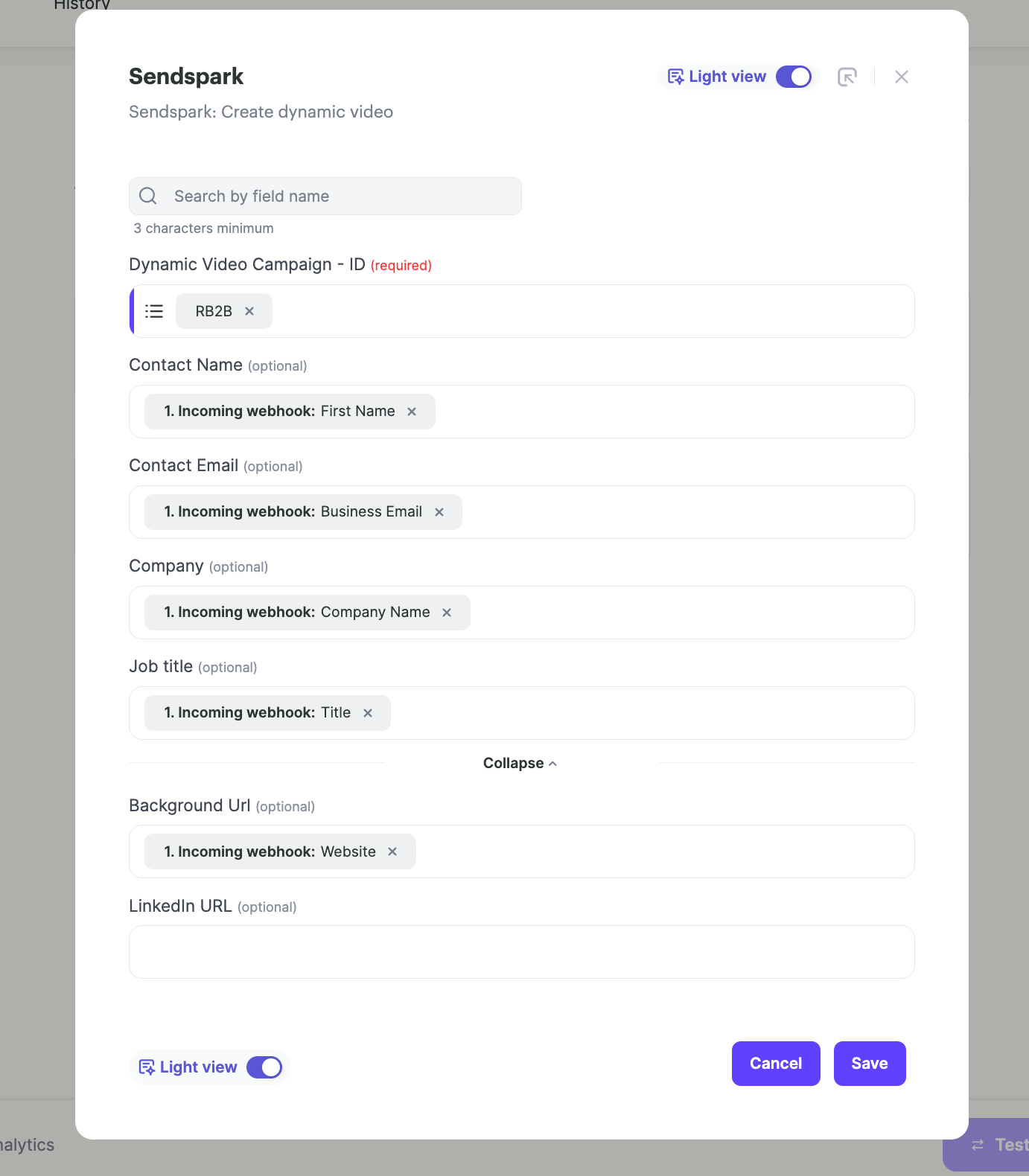 Sendspark Create Dynamic Video step showing data field mapping from RB2B