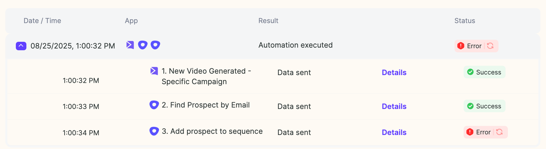 Outreach error message indicating prospect not found or does not exist