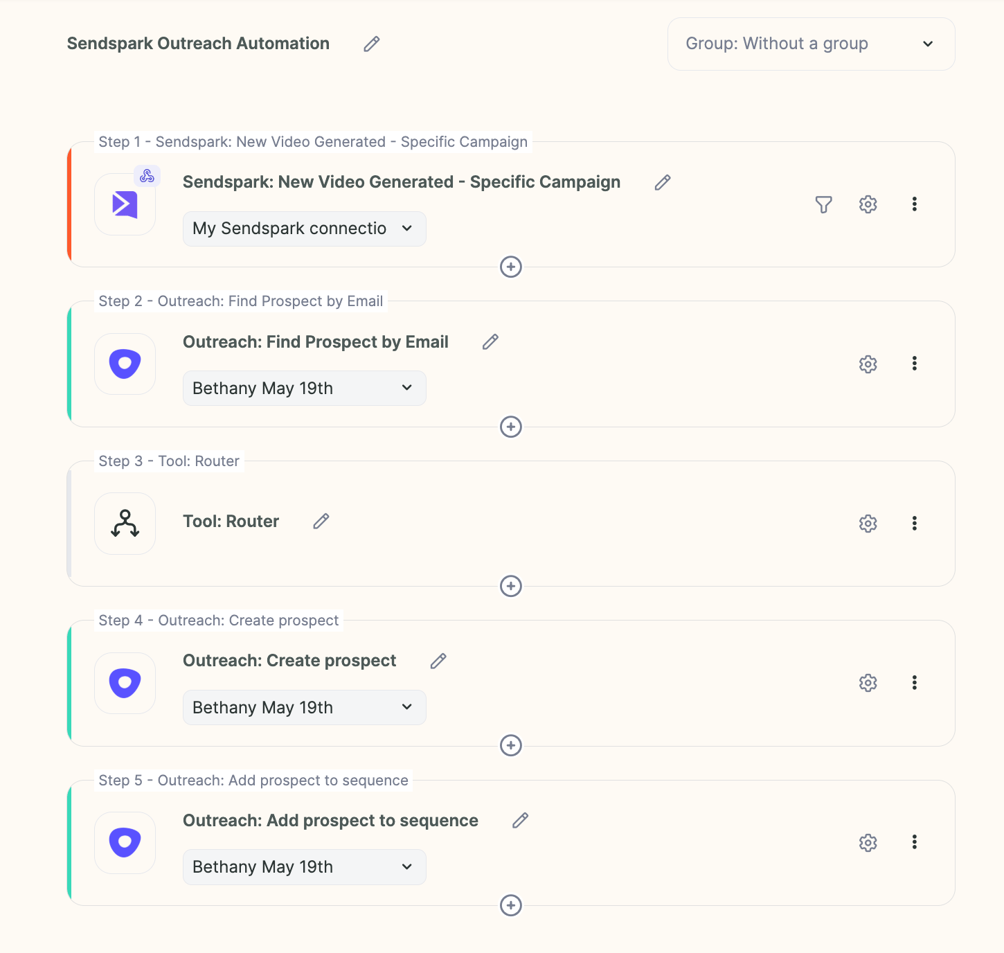 Complete Sendspark automation workflow with router and conditional prospect creation paths