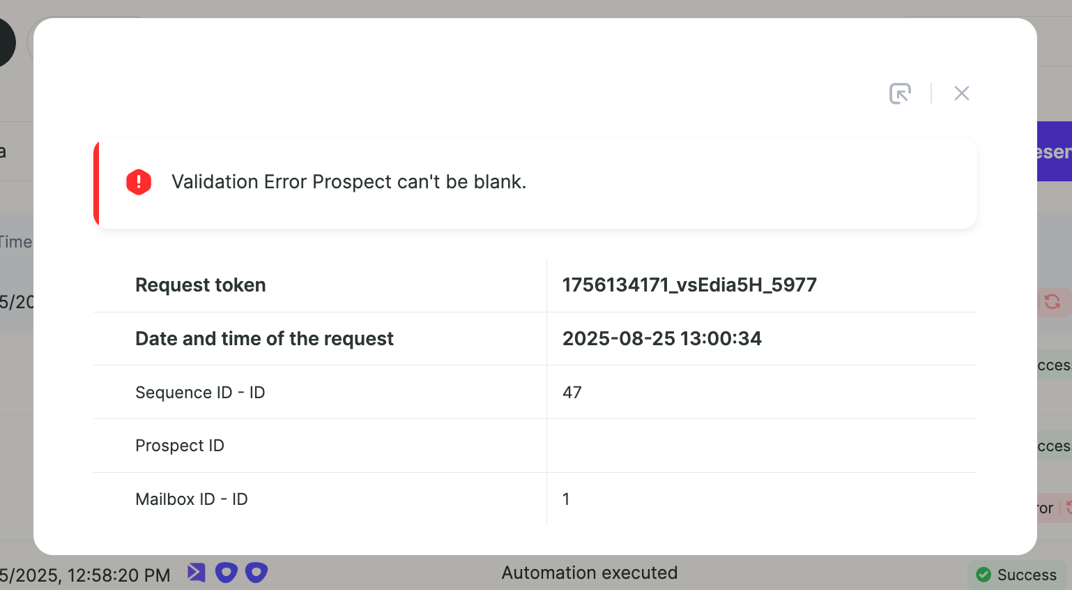 Outreach error notification for failed prospect addition to sequence