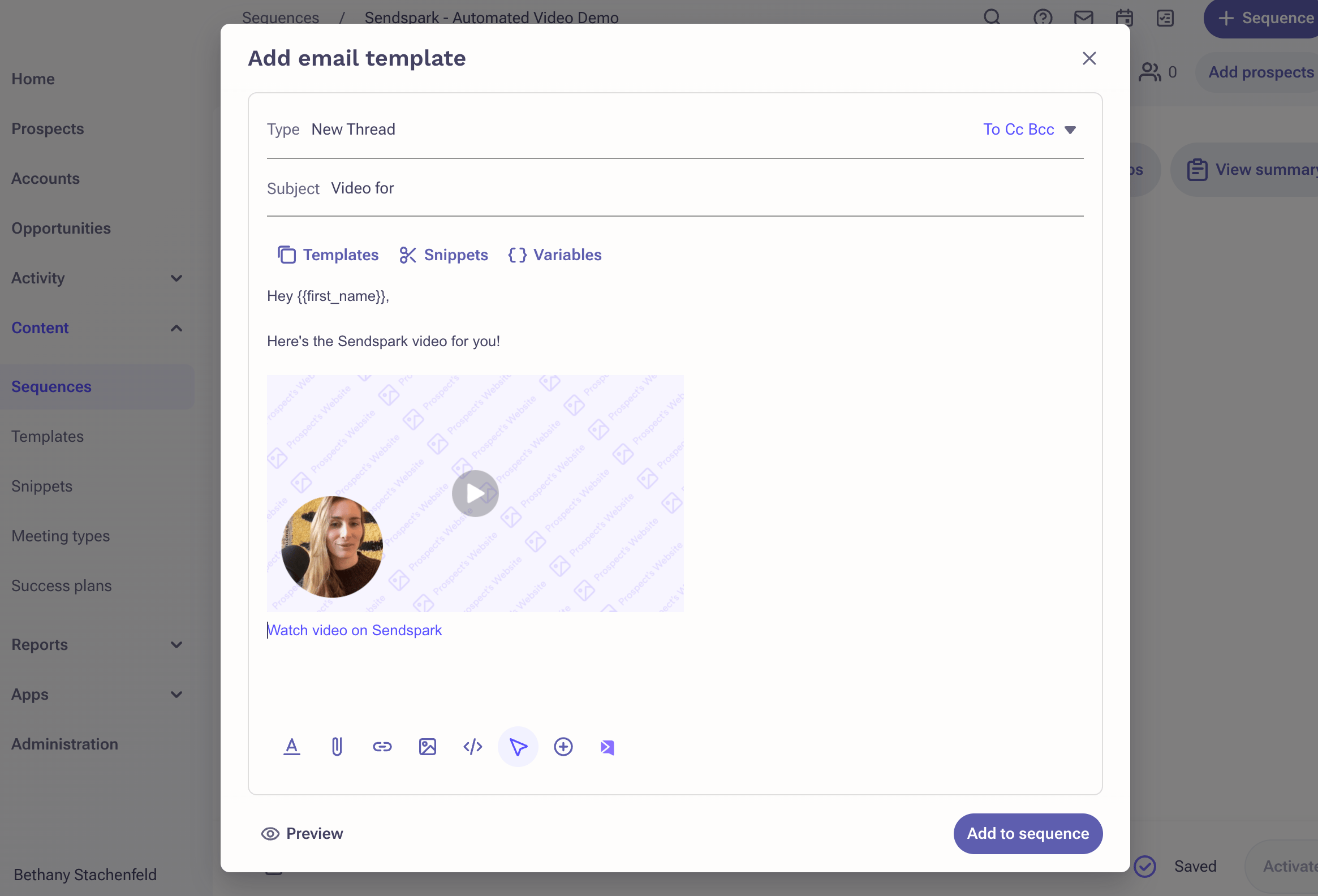 Outreach email template editor with Sendspark video placeholder pasted in content