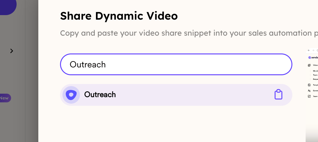 Share options menu displaying Outreach logo to copy video placeholder