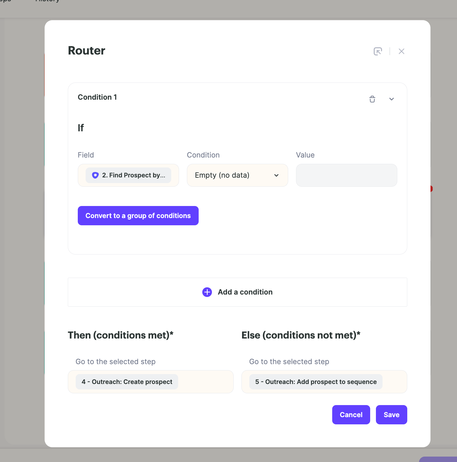 Sendspark router step checking if prospect ID exists before creating prospect