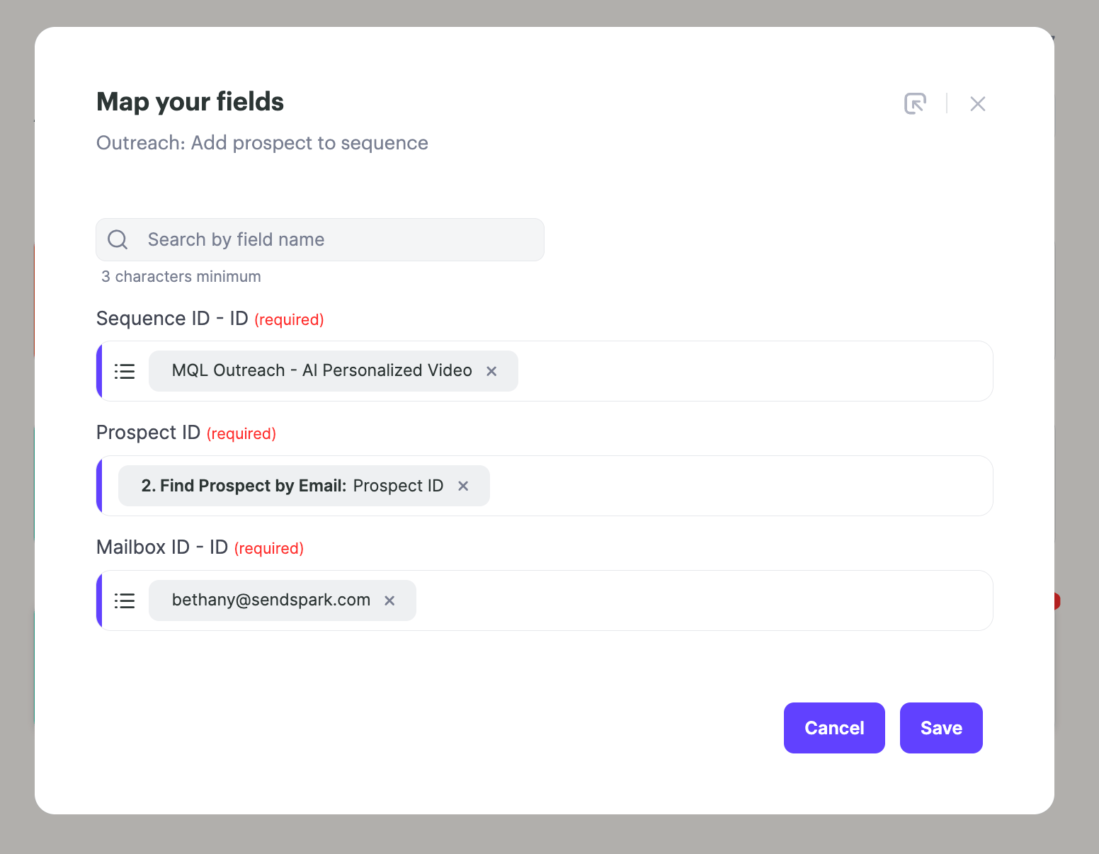 Outreach Add Prospect to Sequence action with Sequence ID, Prospect ID, and Mailbox ID fields