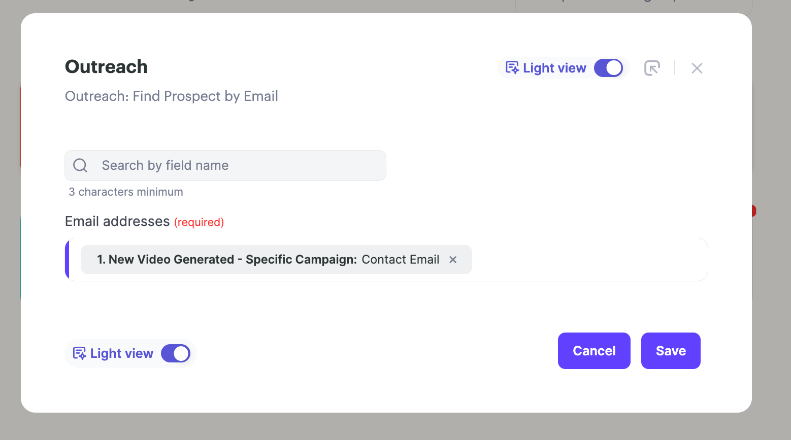 Sendspark Agentic Workflows action showing Find Prospect By Email Address field
