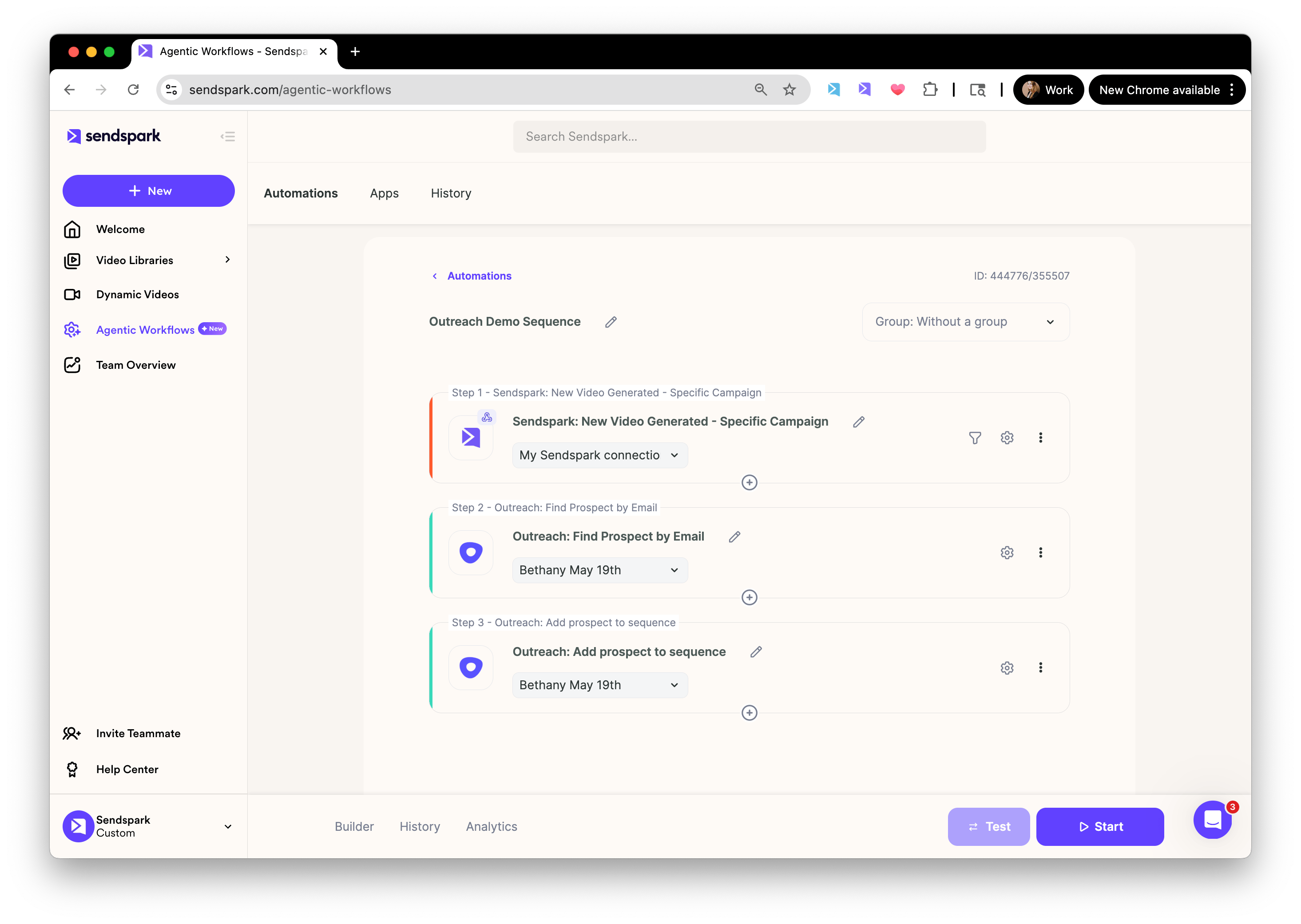 Sendspark Agentic Workflows automation with Start button visible in bottom right