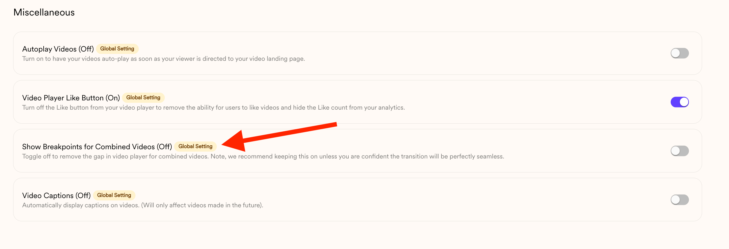 Workspace Settings page with Show Breakpoints for Combined Videos toggle in Miscellaneous Options