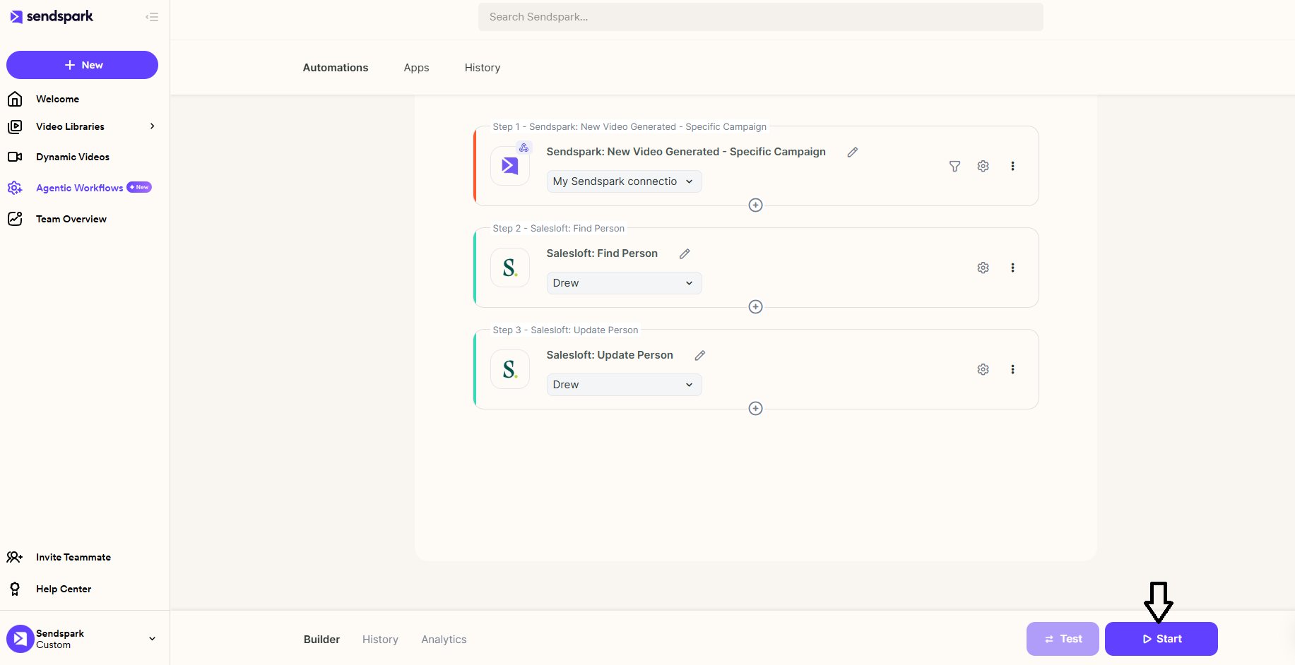Sendspark completed automation workflow ready to start sending videos