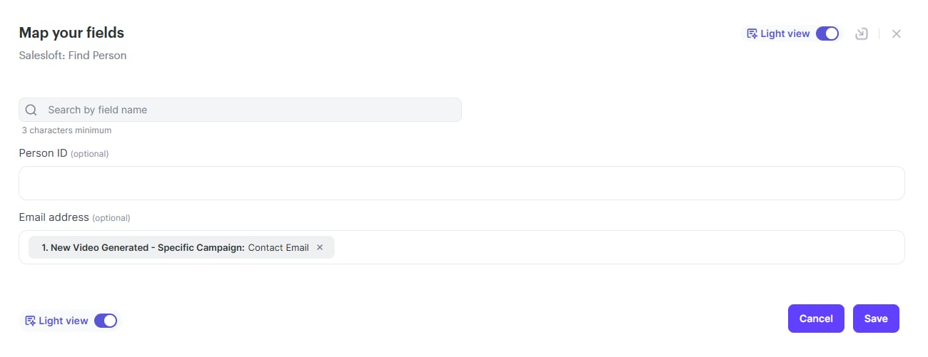 Sendspark action settings mapping contact email to Salesloft Email field