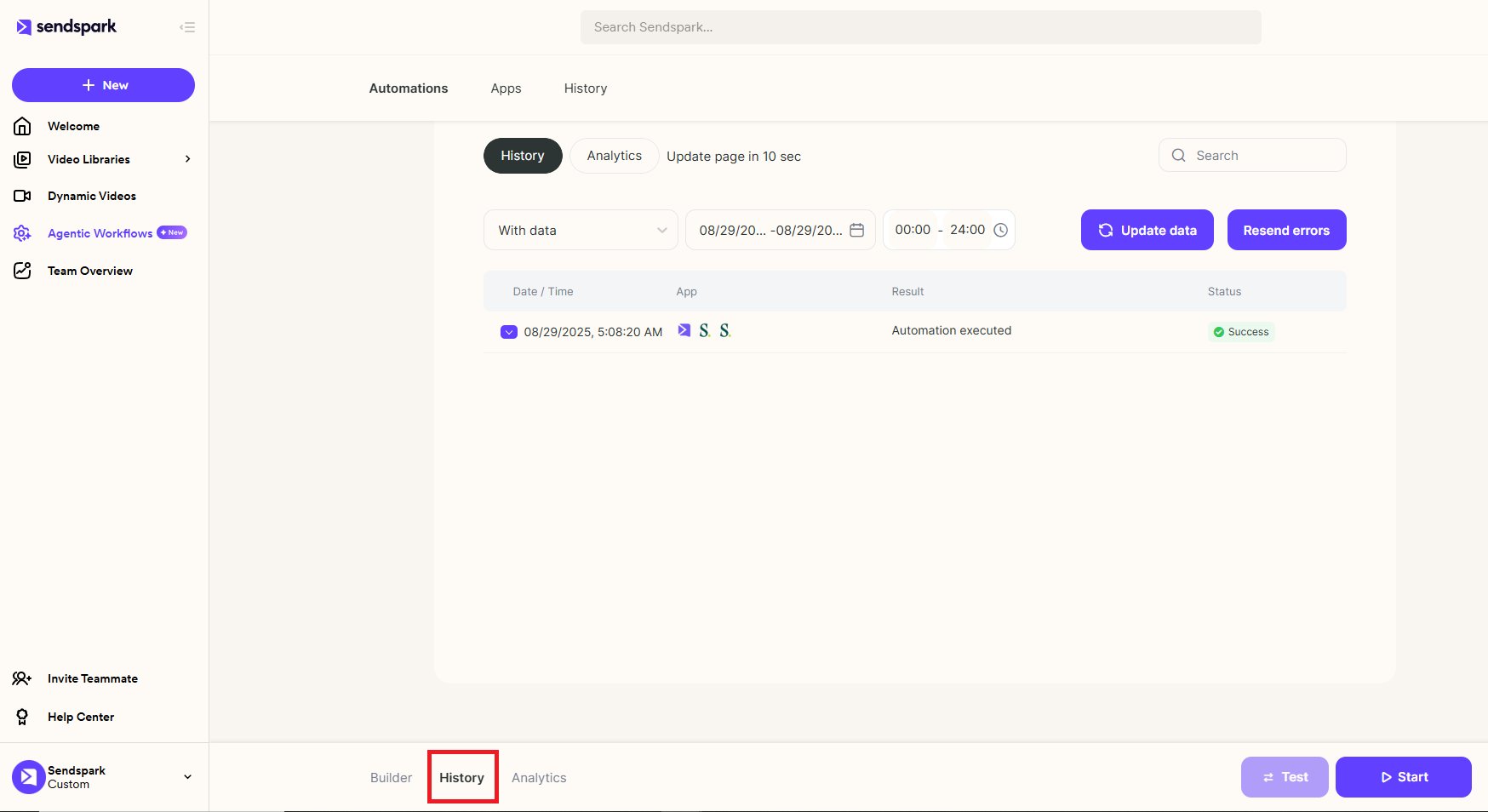 Sendspark Dynamic Video Campaign history section tracking contact results