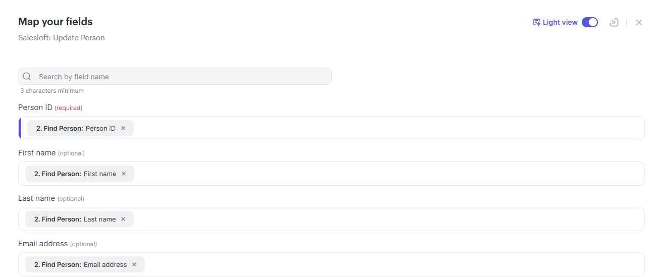Sendspark field mapping interface for updating person in Salesloft