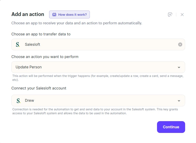 Sendspark automation workflow showing second action for Salesloft update person