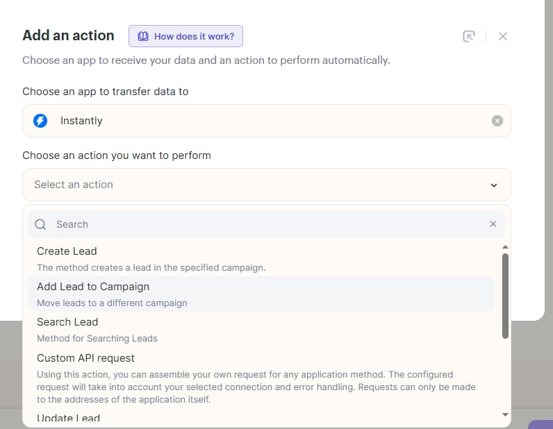 Add Lead To Campaign action step in workflow builder