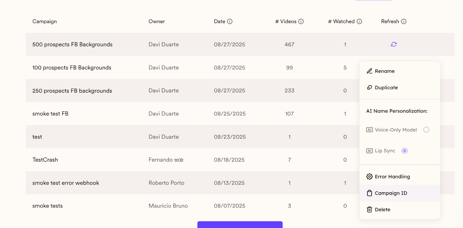 Sendspark campaign dropdown selector and Campaign ID copy button