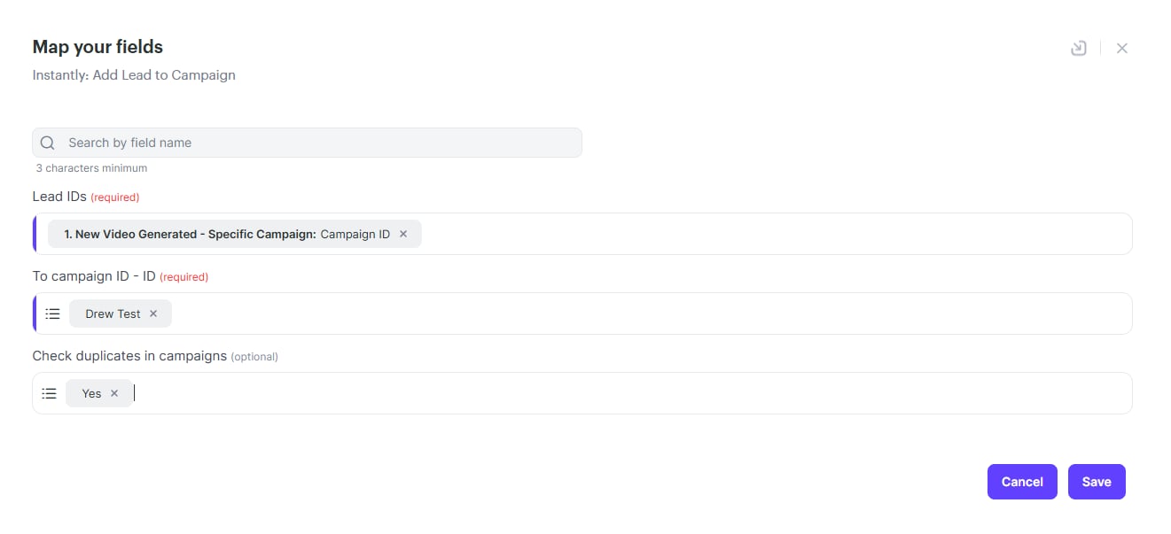Lead mapping interface with Sendspark Campaign ID and duplicate check