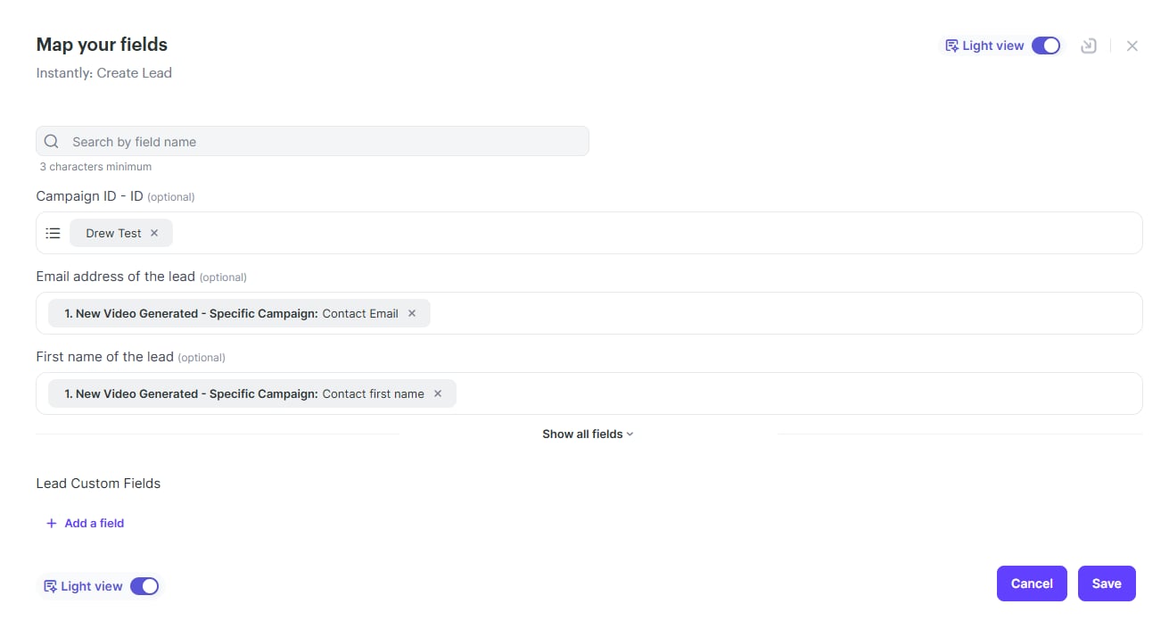 Create lead form with campaign selection and contact fields mapped