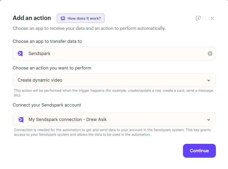 Agentic workflows builder with Sendspark action selected from menu