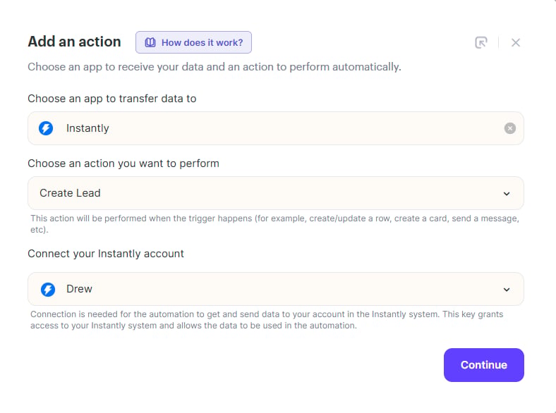 Instantly create lead action selection in workflow builder