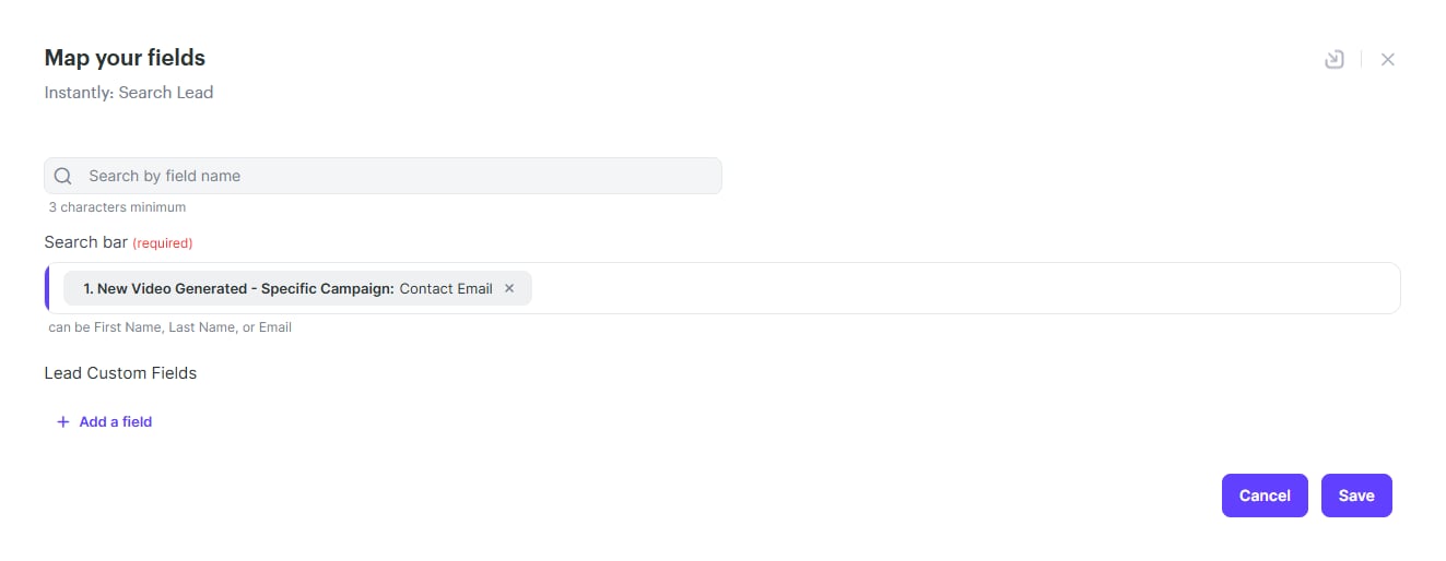 Instantly search lead action with email field mapping configured