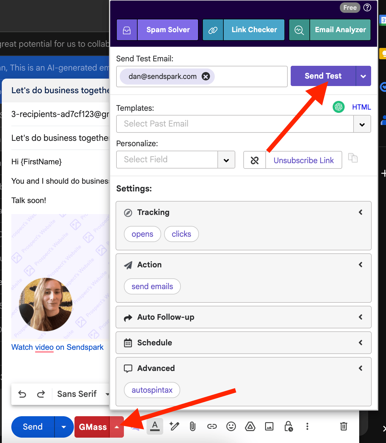 Gmass dropdown menu in Gmail with Send Test Email option available