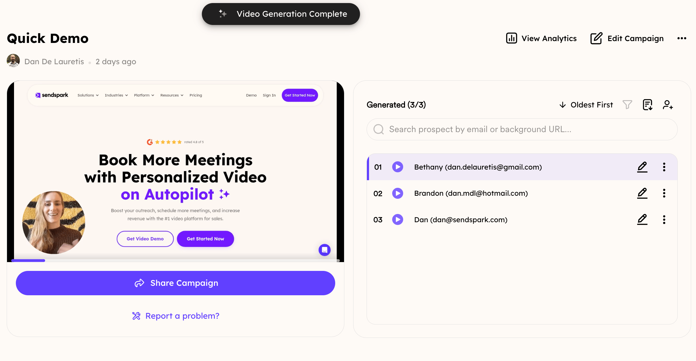Sendspark Dynamic Video Campaign interface with generated videos ready to export