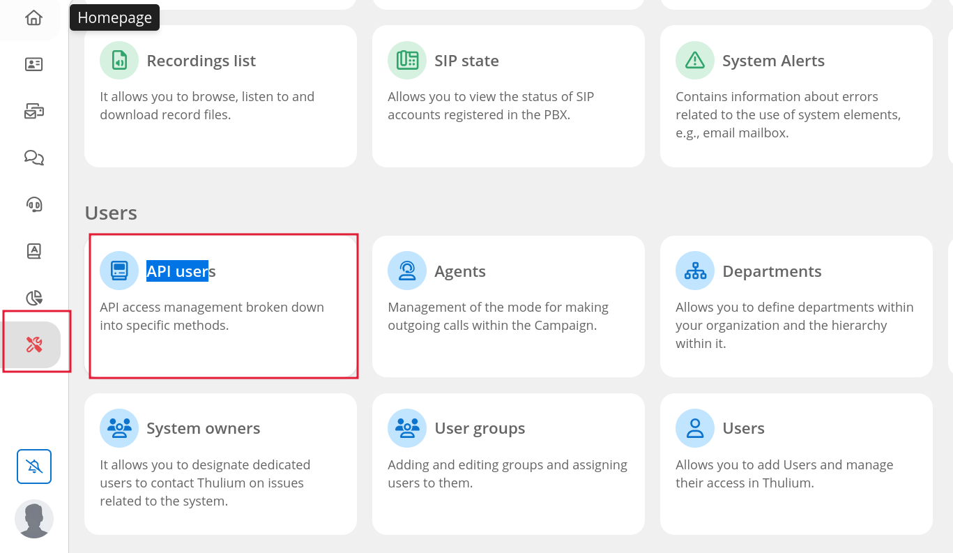 The Thulium Administration screen, with the API users card under the Users section