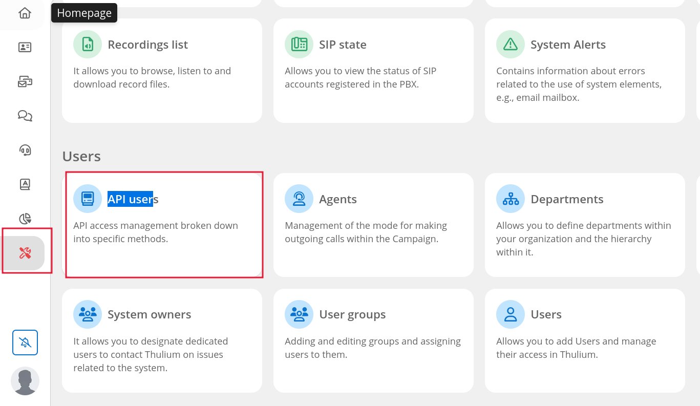The Thulium Administration screen, with the API users card under the Users section