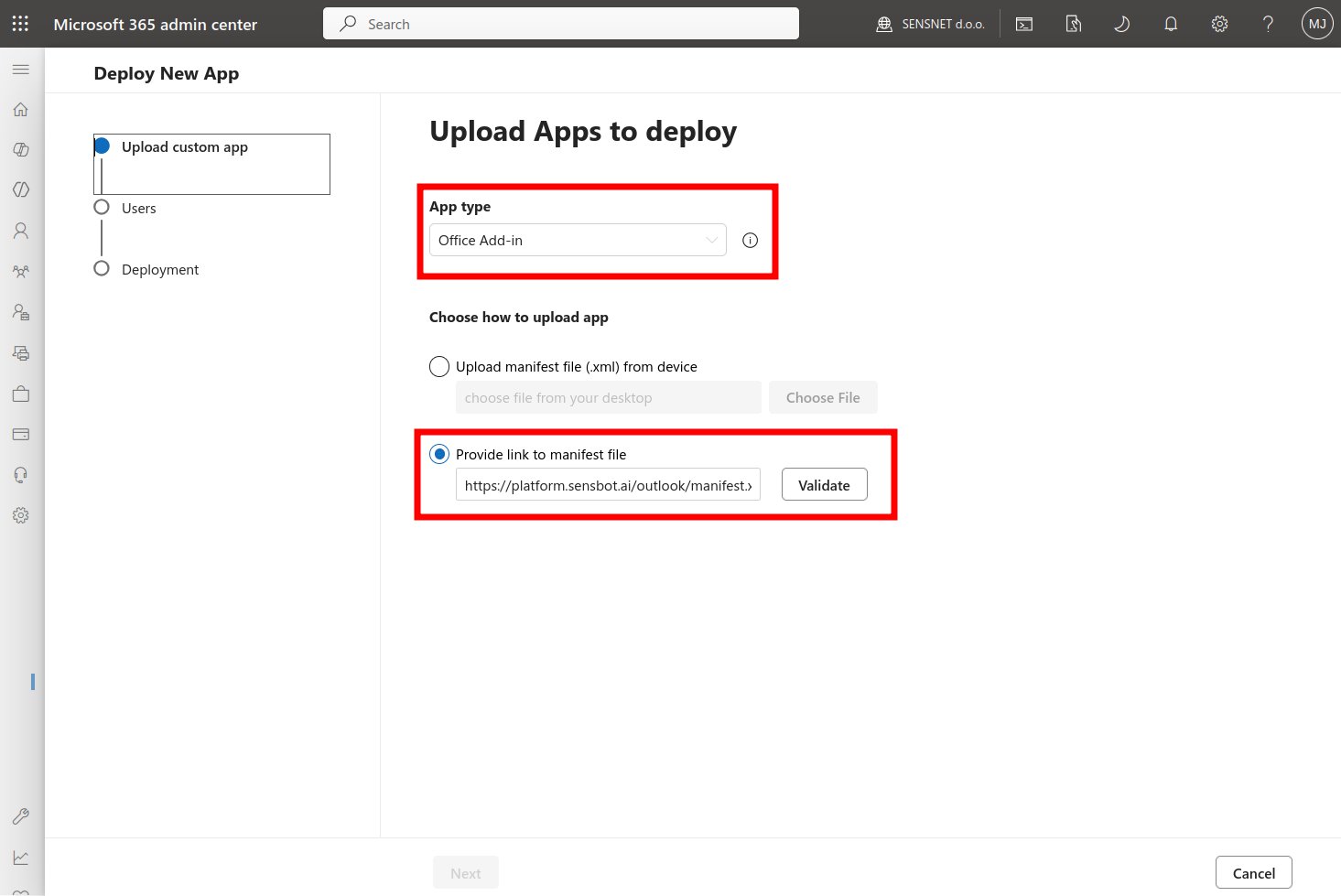 The Upload custom apps dialog with App type set to Office Add-in and the manifest link pasted