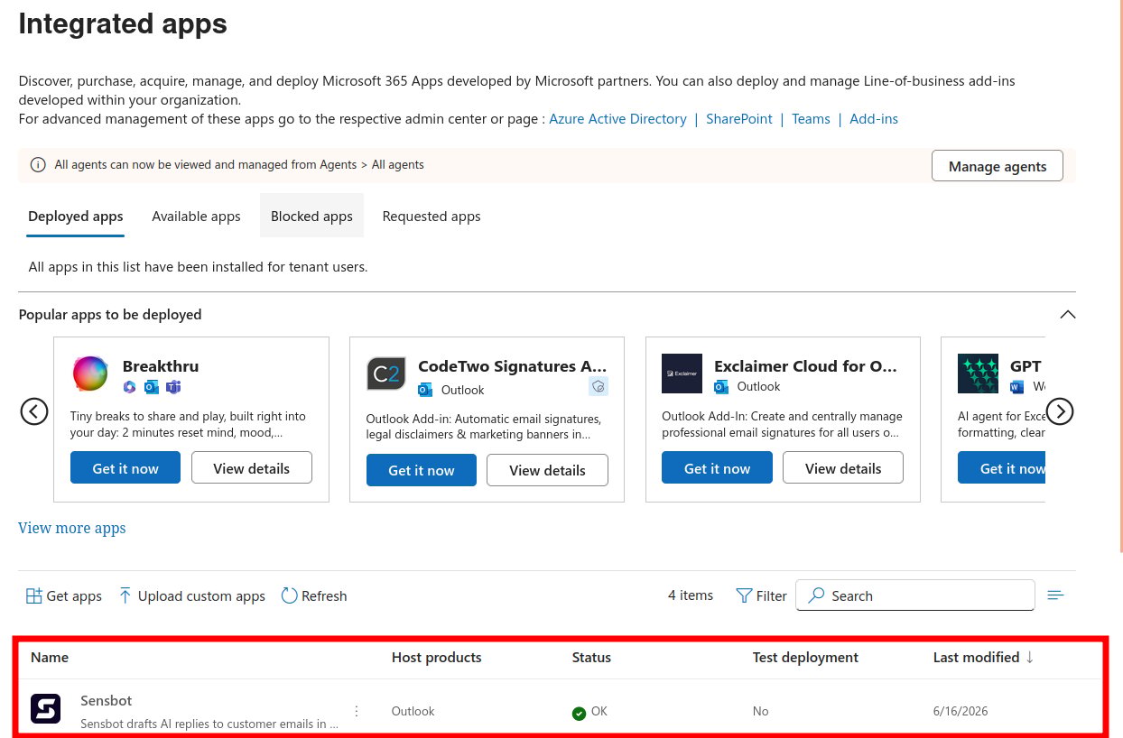 Sensbot listed under Deployed apps in Integrated apps with status OK