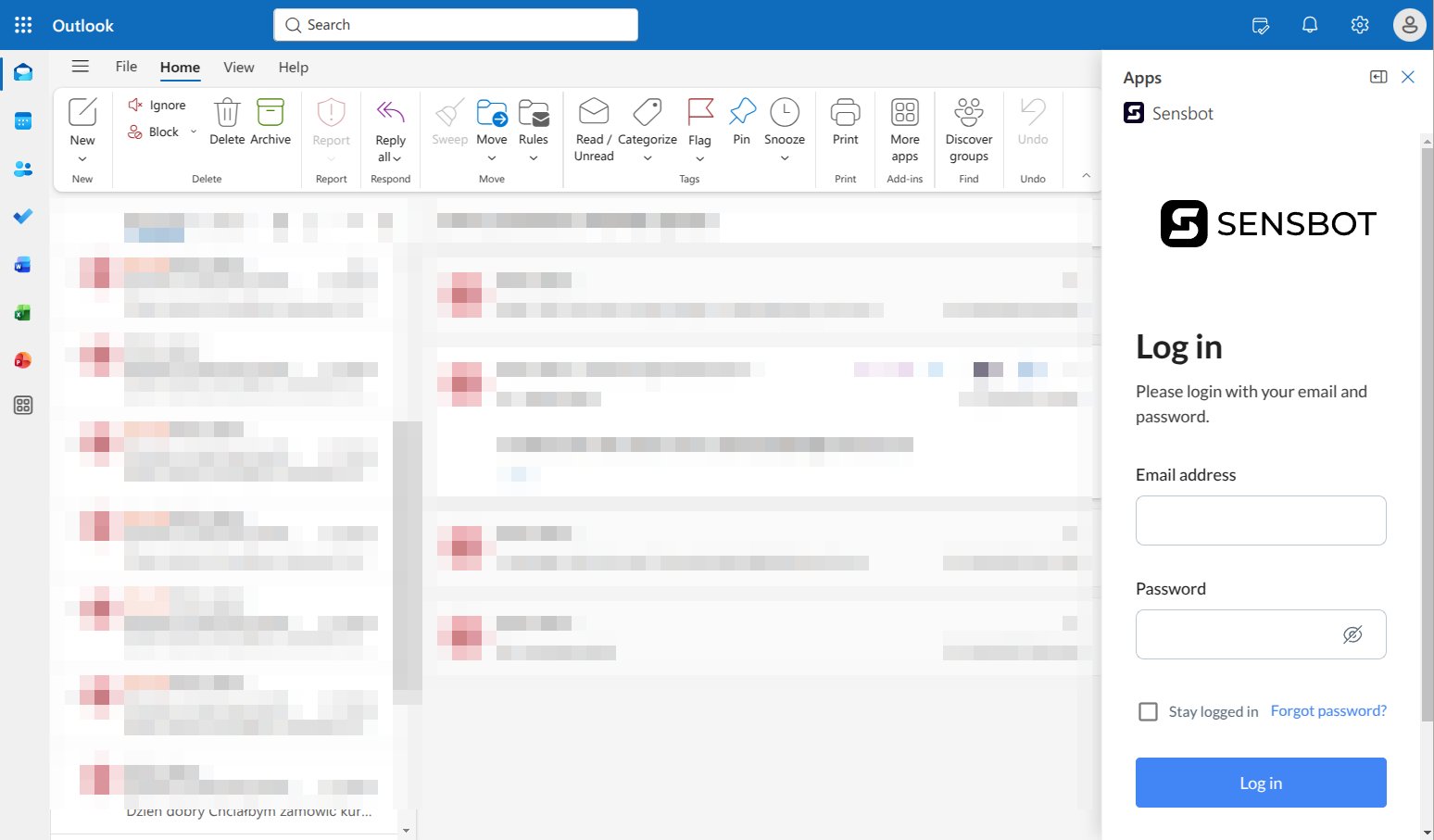 The Sensbot side pane open in Outlook on the web showing the Sensbot login screen